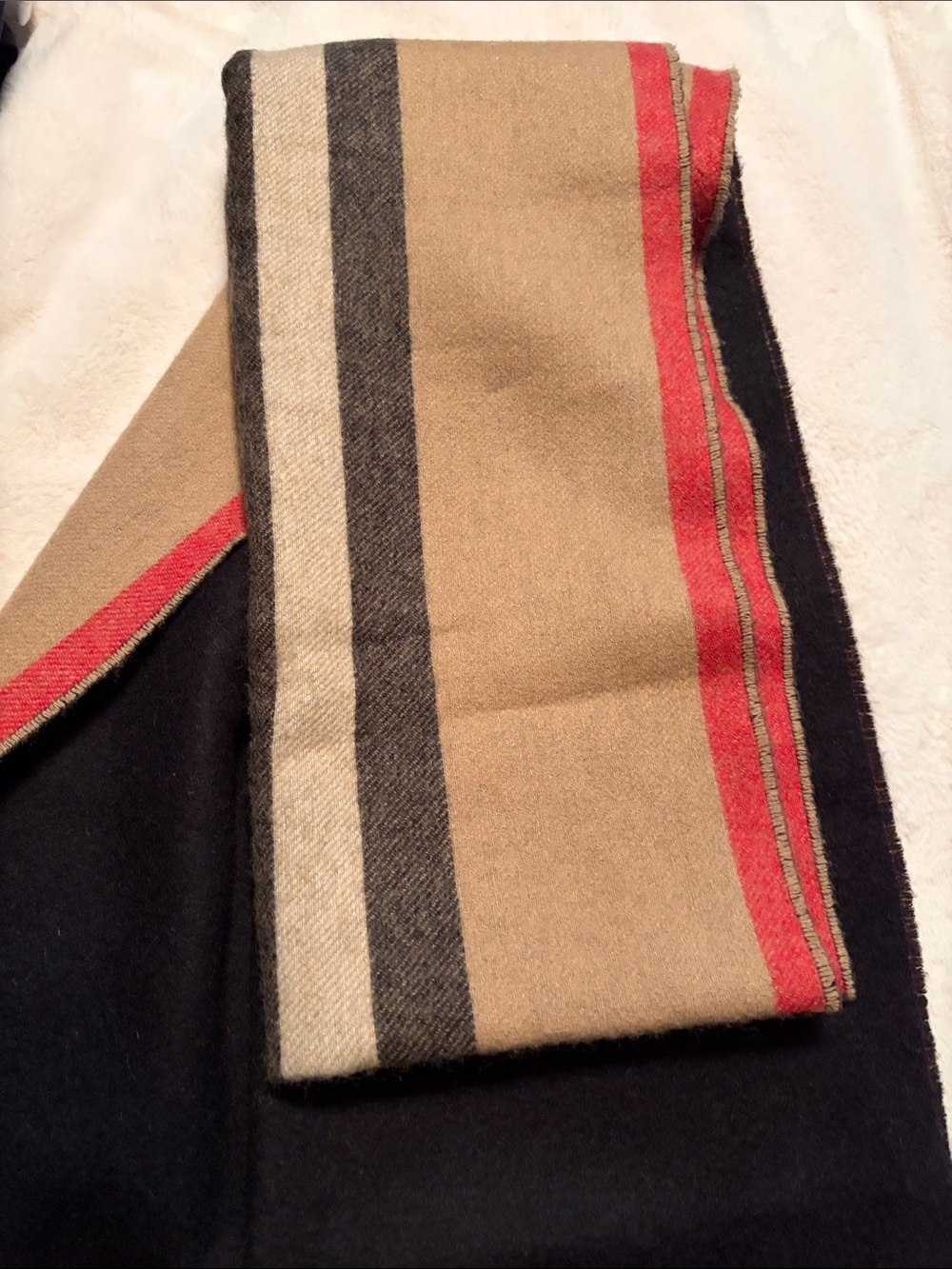 Burberry Reversable extra wide Black Wool Scarf with Tan & Red Trim